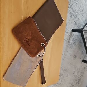 Brown Leather and Suede Zippered Pouchees. Conected With Key Ring.